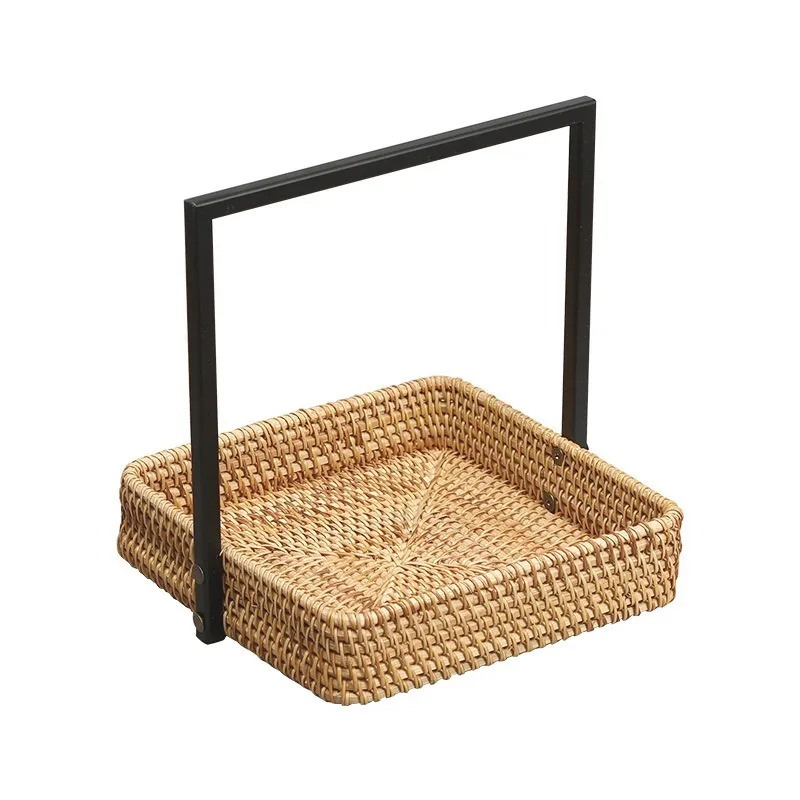 

Handmade Rattan Tray with Iron Handle, Retro Multipurpose Basket for Tea Set, Fruits, Snacks, Home Storage, 2Pcs