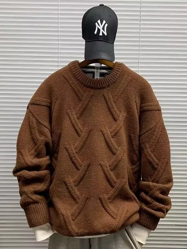 

Мужской теплый шерстяной свитер-джемпер оверсайз (300 пу) круглой вязки, повседневный базовый слой для весны и осени