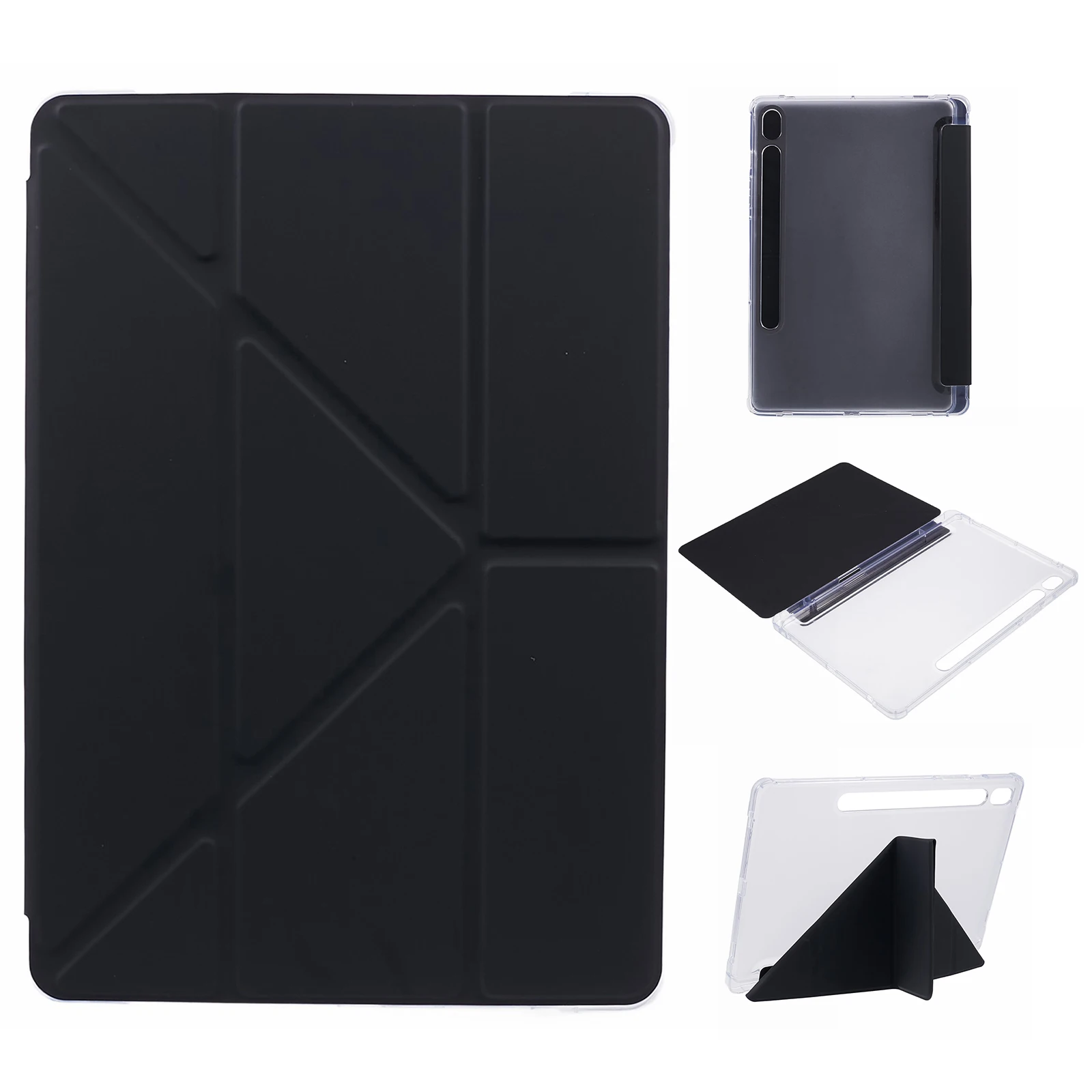 

For Samsung Galaxy Tab S9 PU+Acrylic+TPU Case Origami Tri-fold Stand Tablet Cover Auto Wake / Sleep Shockproof Case - Black