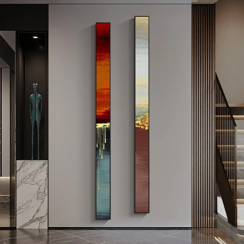 Modern minimalist lighting for creating an atmosphere. This narrow long strip of illuminated vertical panels in the entrance cor