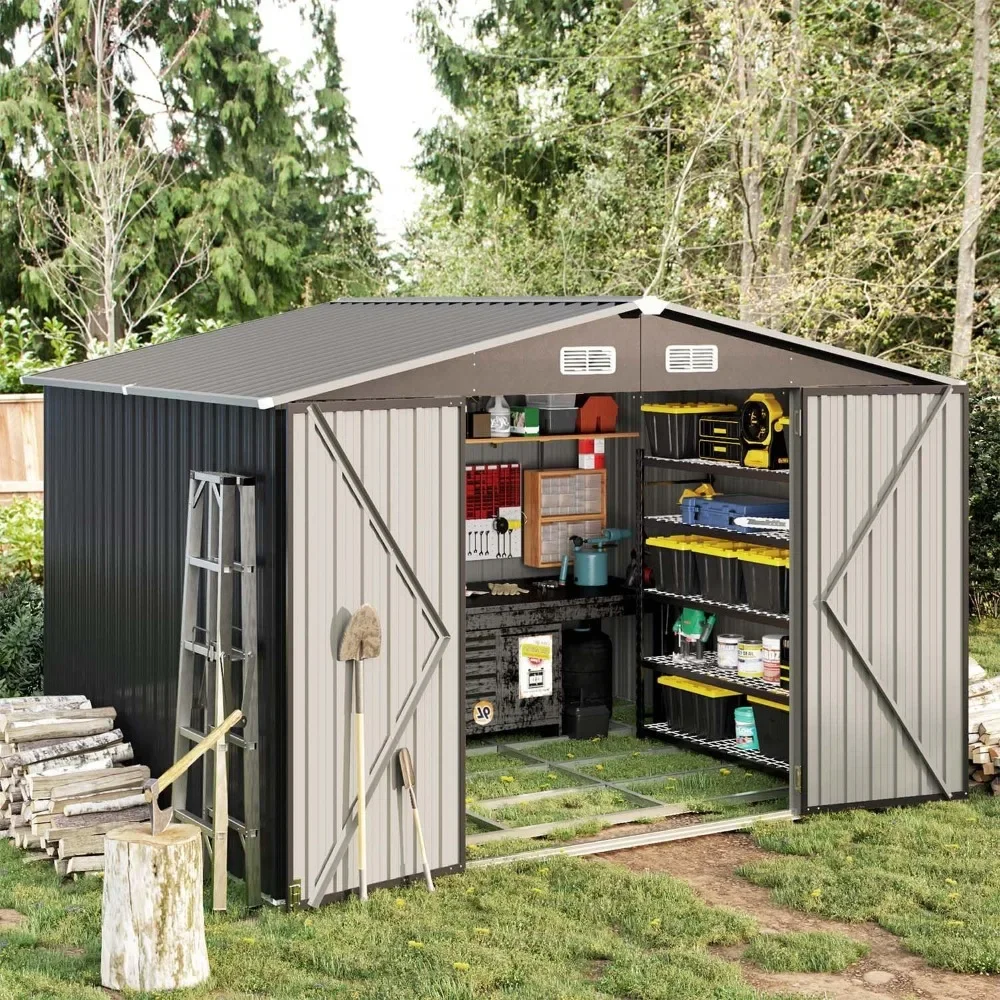 

Outdoor Storage Shed, Steel Utility Tool Shed Storage with Lockable Doors, 9.6’x7.8’ Outdoor Metal Storages Sheds