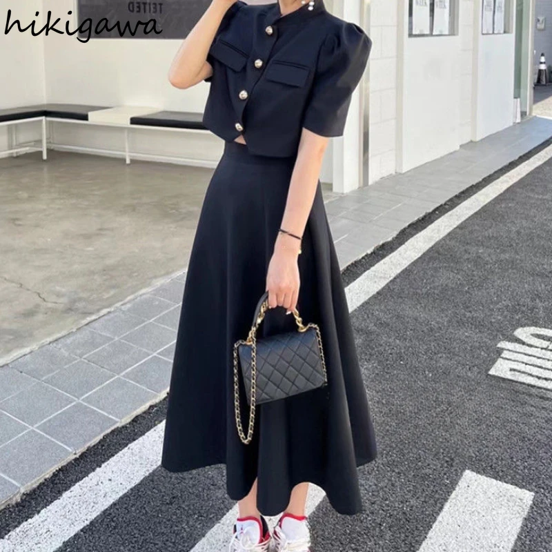 Conjuntos Para Mujeres 2 Piezas Summer Skirts for Women Puff Sleeve Stand Tunic Tops High Waist A-line Skirt Suit Korean Outfits