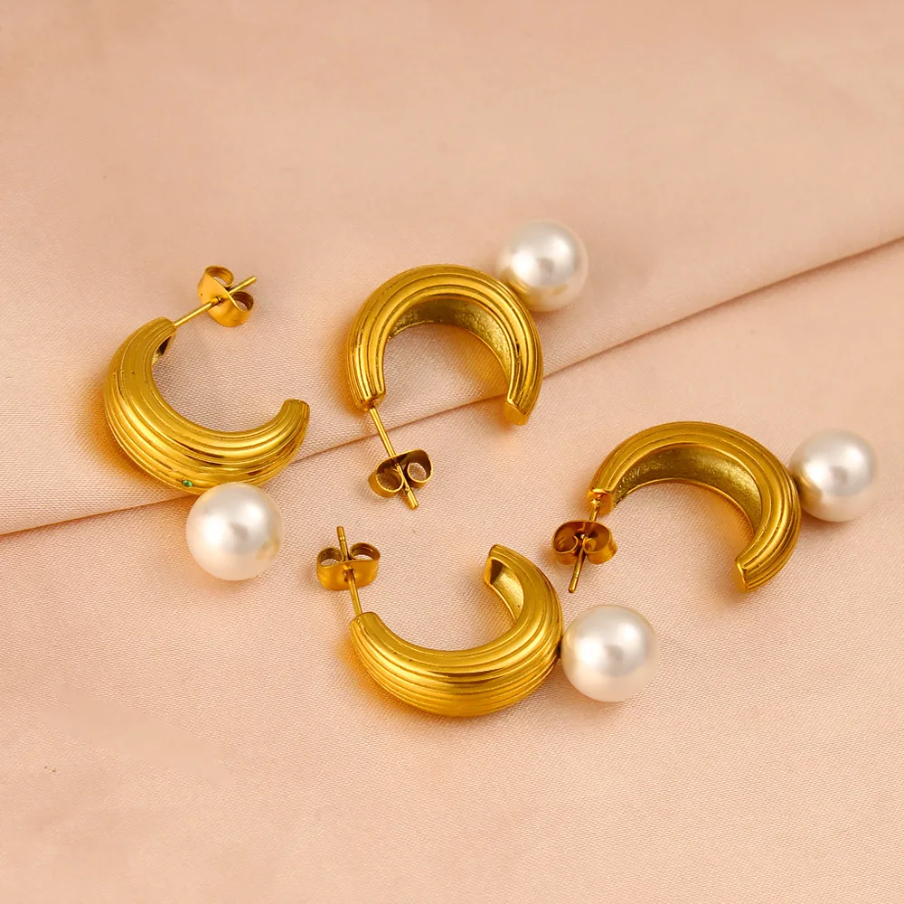 DIY accessories French court style zircon earrings stainless steel irregular C-shaped imitation pearl earrings cross-border simp