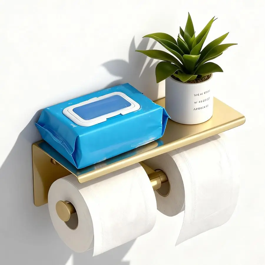 

Paper Holder, Double Bathroom Toilet Paper Roll Holder with Shelf, Stainless Steel Wall Mounted RV Tissue Roll Holder, Brushed G
