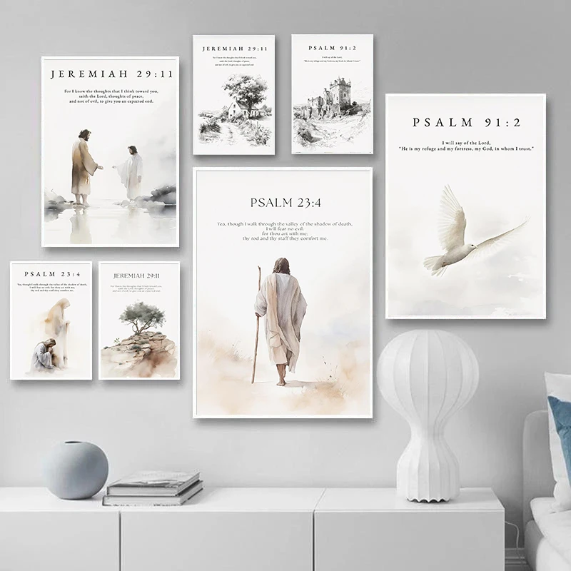 Un ensemble de poèmes bibliques, citations inspirantes de jésus, affiche d'art aquarelle, toile imprimée, galeries de chambre à coucher, décoration murale de pâques pour la maison