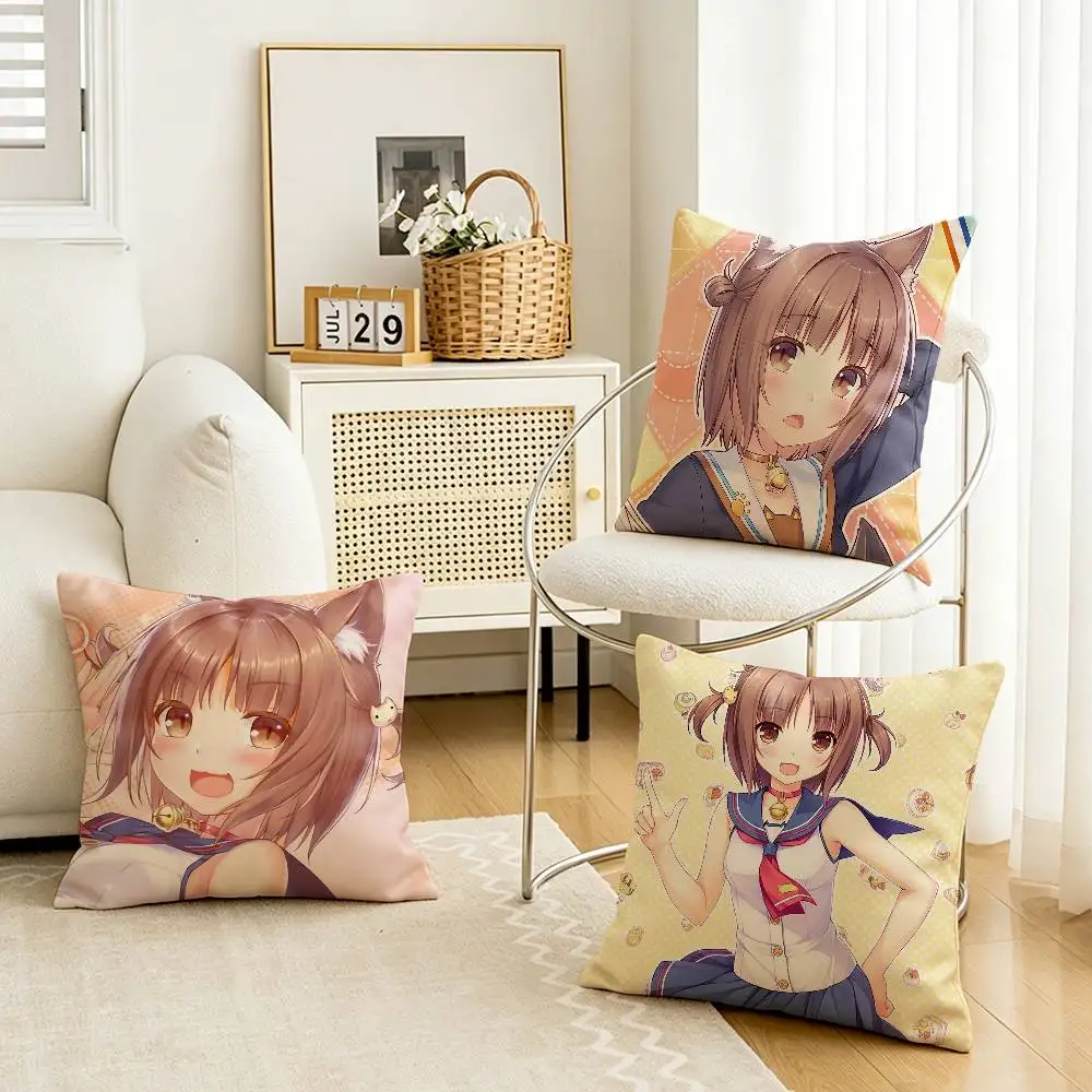 N-NEKOPARA Kawaii A-Azuki Customizable Square Pillow case Double Sided Print Sofa Bedroom Decor Cushion Cover