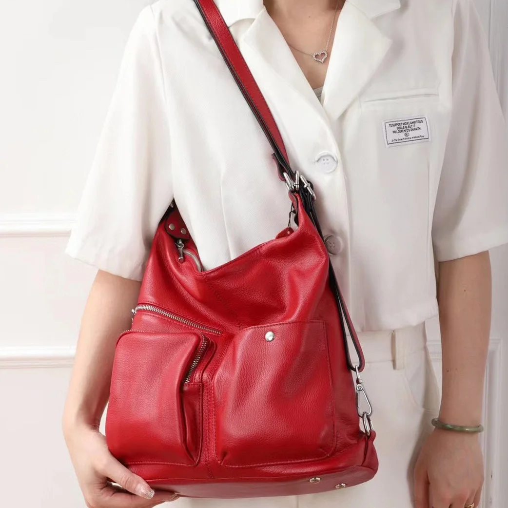 Dual-purpose Genuine Leather Handbag Women Casual Real Cow Leather Backpack Multifunctional Ladies Cowhide Tote or Shoulder Bag