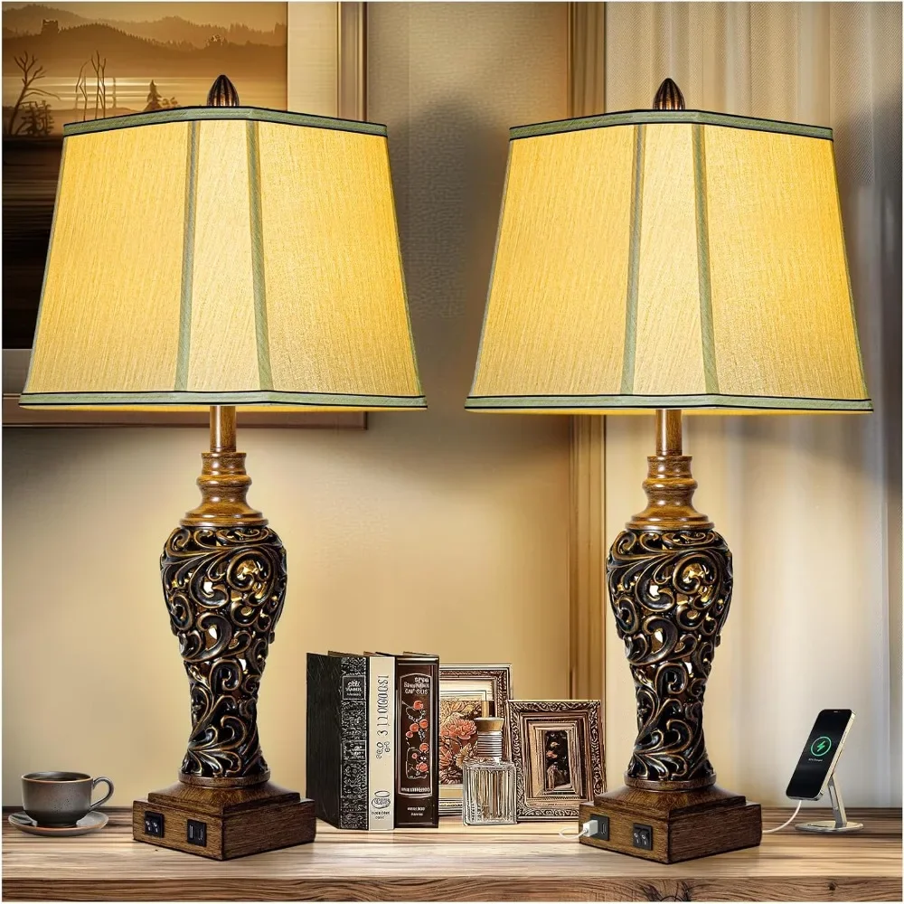 

28.5'' Tall Farmhouse Vintage Table Lamp Set of 2 with Faux Silk Shade USB Ports Nightlight Decor for Bedside Living Room Bedroo