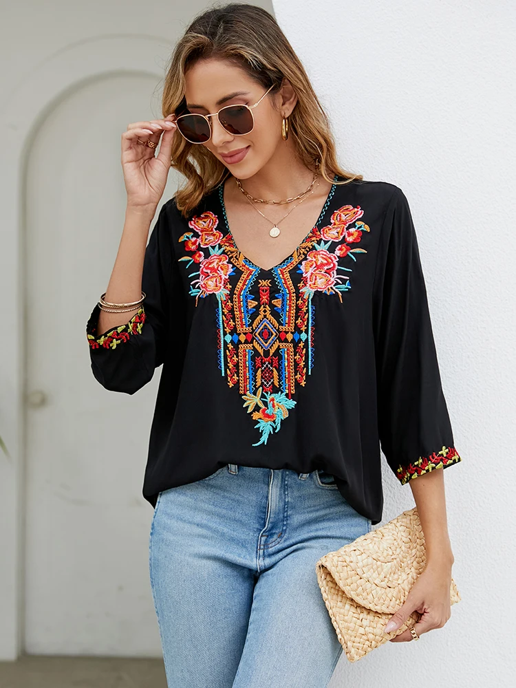 

KHALEE YOSE Floral Embroidery Blouse Shirt Bohemian Vintage Summer Black Mexican Shirt Women Ladies 2xl 3XL Ethnic Shirt Tops