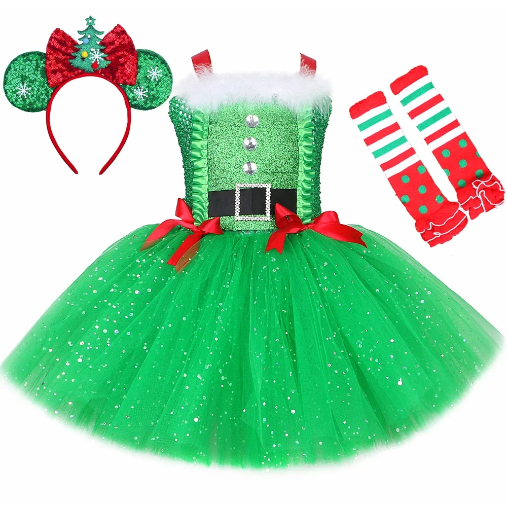 

Sparkly Girls Christmas Tutu Dress Toddler Baby Xmas Pixie Outfit Glittery Green Children Christmas Elf Costume Kids Clothes Set