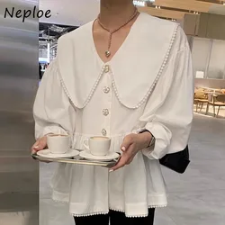 Neploe Elegant Sweet Peter Pan Collar Lace Blouses Autumn Single Breasted Blusas Mujer Y2k Long Sleeve Loose Shirts Women