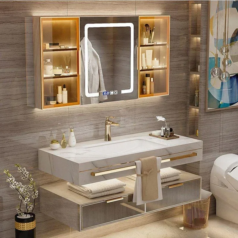 Rock Slab Seamless Ceramic Integrated Basin Bathroom Cabinet with Smart Mirror Double Washbasin Vanity Under Sink Furniture