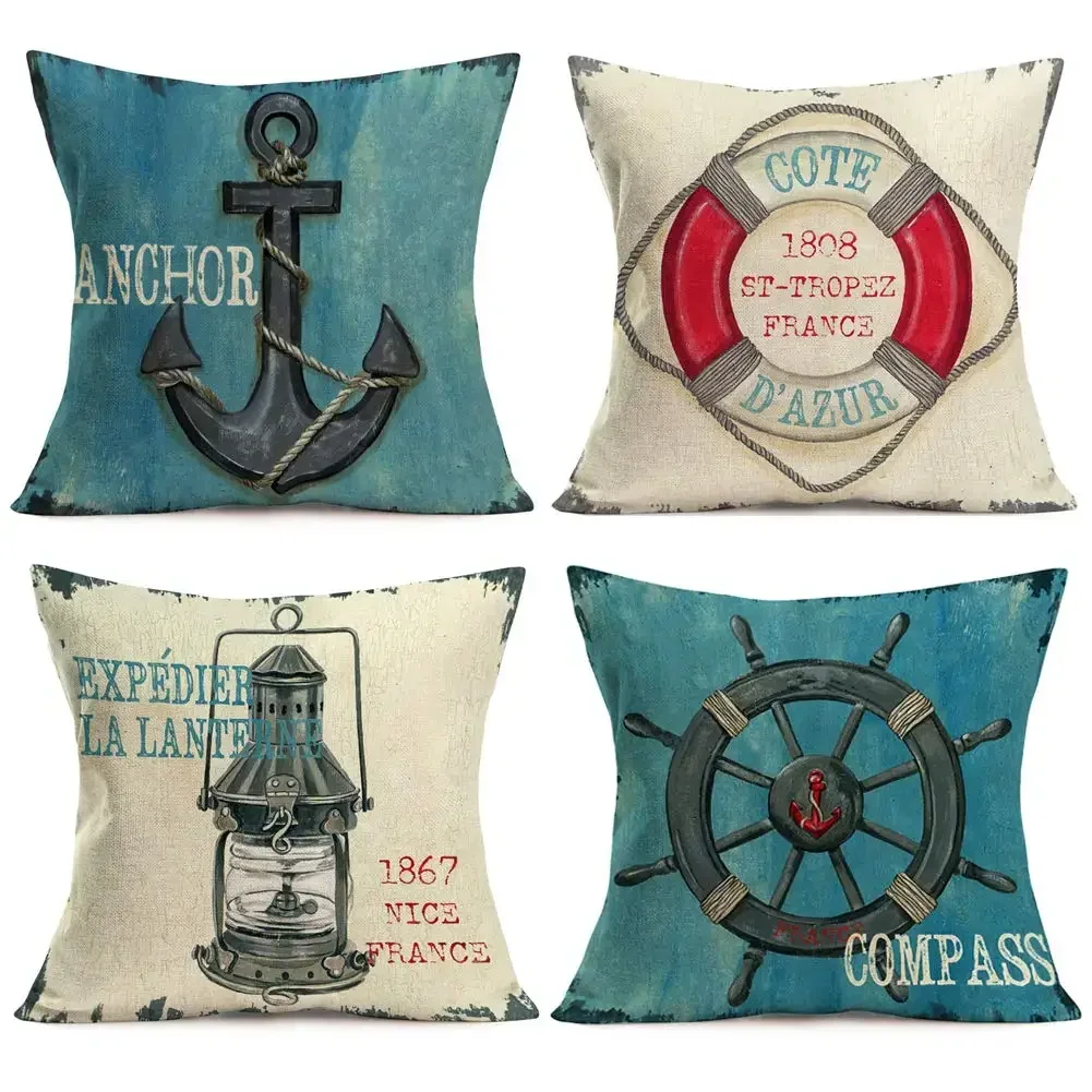 Anchor, oil lamp, rudder, swimming ring printed linen pillowcase, living room sofa cushion cover, home decoration  pillow cover