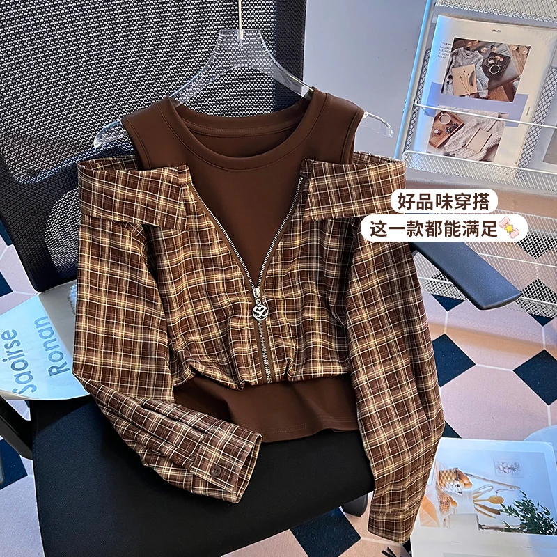 

American Retro Plaid Splicing Fake Two-sleeved Long-sleeved T-shirt for Women Spring and Autumn Design Top Vintage Fashion New