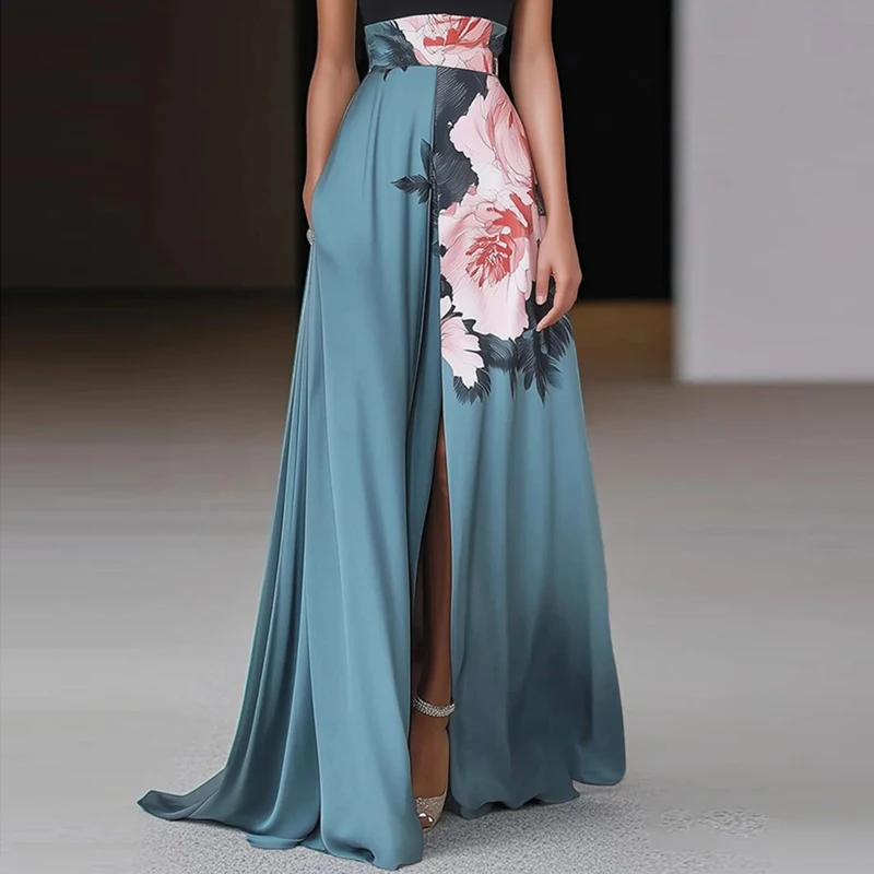 Elegant Floral Print High Waist Split Prom Dress Woman Sexy O Neck Patchwork Hollow Long Dress Summer Sleeveless Boho Maxi Dress