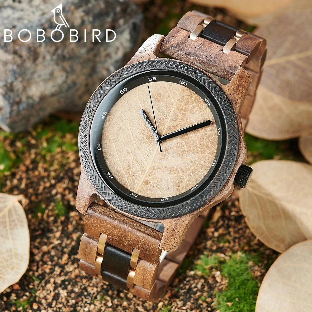 BOBO BIRD Leaf Dial Men's Wood Watches Custom Blessing Natural Handmade Wristwatch Distinctive Wooden Gift Support Dropshipping