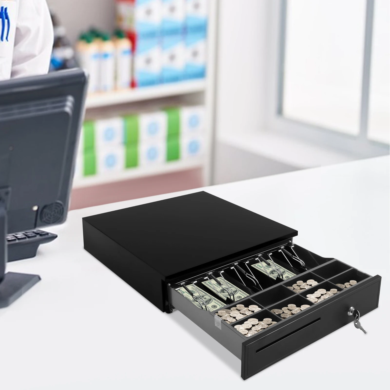 Black Eight Grid Cash Box 405 Cash Register Drawer Cash Register Drawer With 3-Position Lock For Hotels Supermarkets Hospital