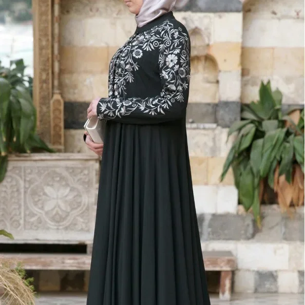 Muslim Women Dresses Long Sleeve Print Floral Dress Pullover Stand Collar Vestidos Casual Floor Length Indie Folk Waist 2024