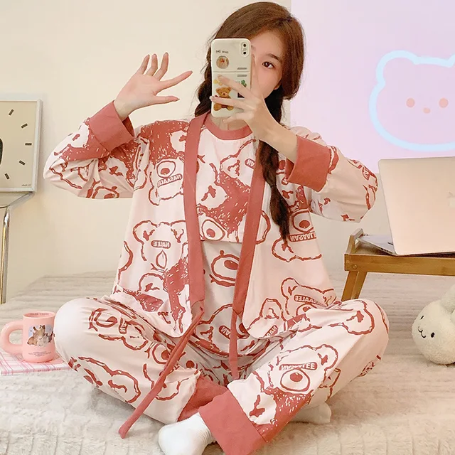 Three Pieces Maternity Sleepwear Short Sleeve Nursing Tops+long Sleeev Cardigans+full Length Pants Postpartum Woman Pajamas Sets 4