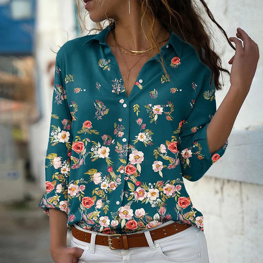 2024 Autumn Women\'s Flower Print Shirt Fashion Button Top Slim Fit Comfortable Women\'s Button V-neck Casual Long Sleeve Shirt