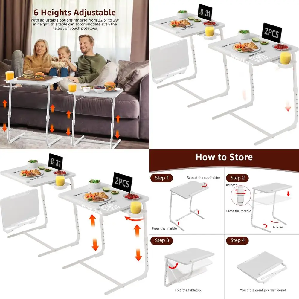 TV Trays Set of 2 - Folding TV Tray Adjustable Dinner Trays for Eating On Couch Wooden Tables Mate Stand Foldable White Desk wit