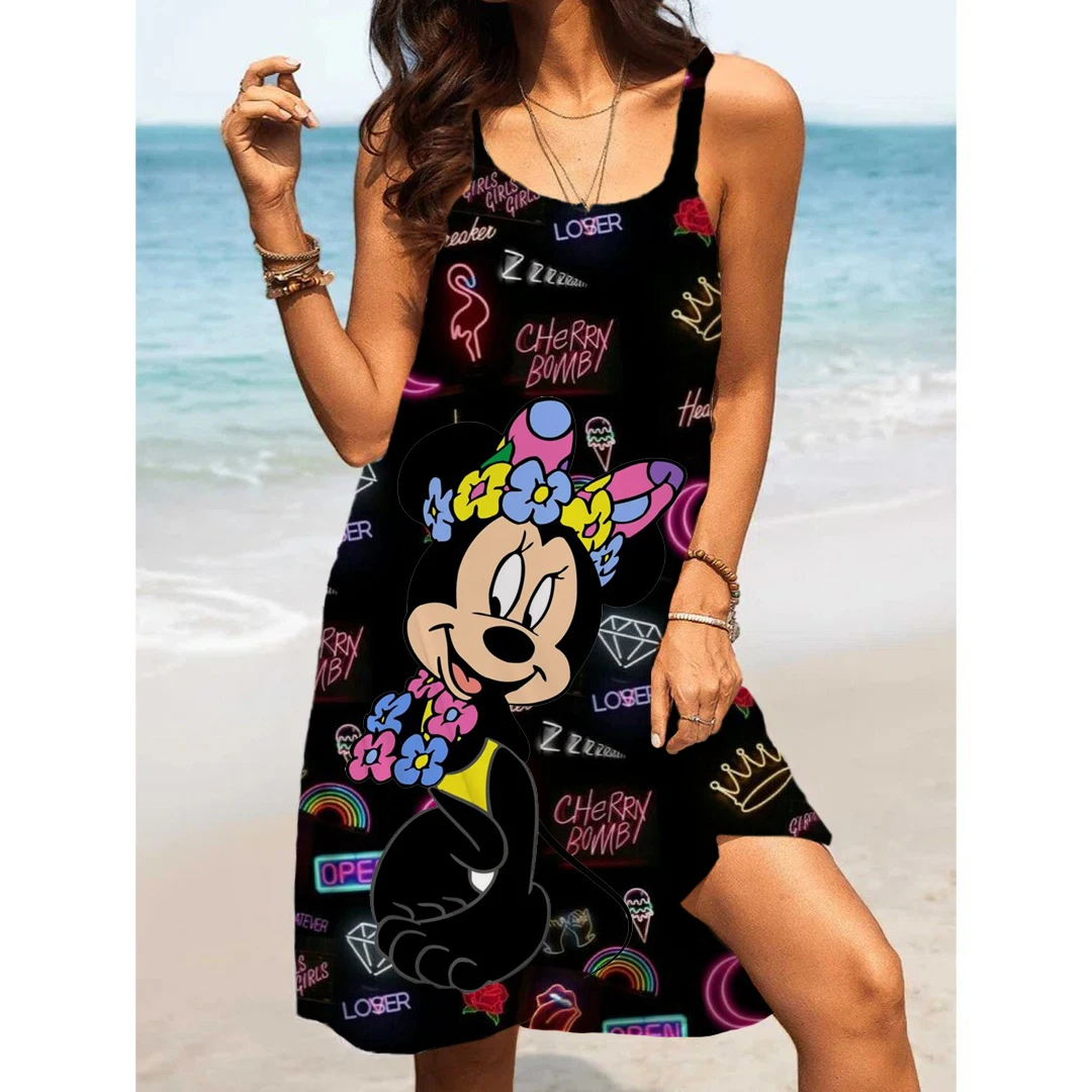 Summer Fashion Sling Print Sexy Skinny Seaside Casual Oversize Women\'s Beach Dresses Disney-Mickey Minnie Dresses for Women 2024