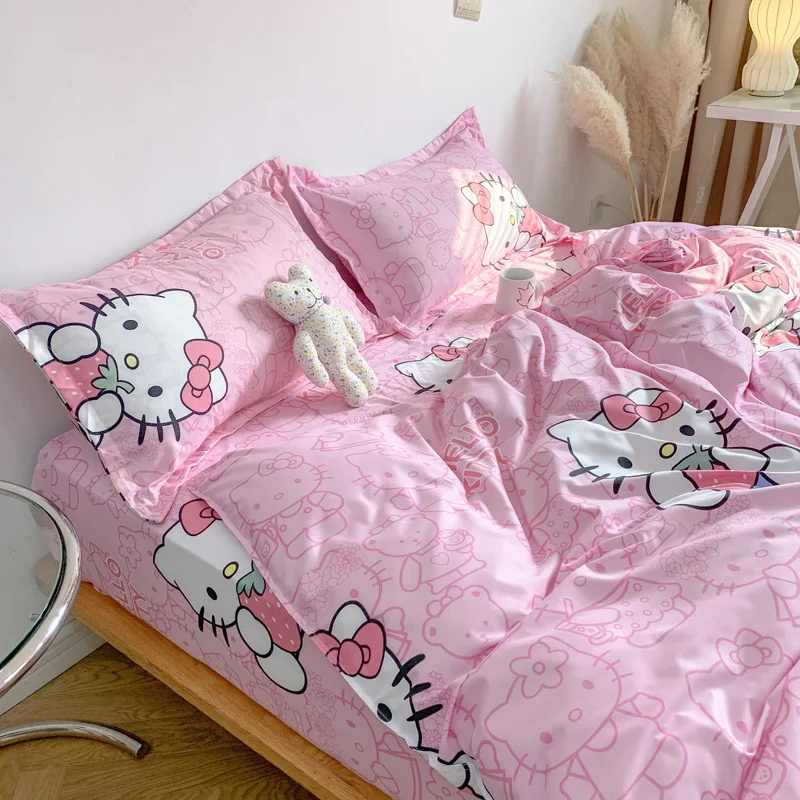 Cute Sanrio Hello Kitty Bedding Set Cotton Four Piece Bedding Double Pillowcase Bed Linens Girl Dorm Bedclothes Home Textile