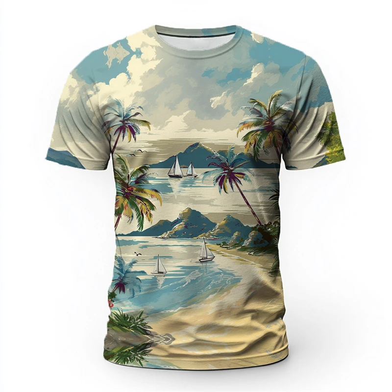 Summer Beach Coconut Tree Sailboat Pattern T Shirts Fashion Casual Holiday Vacation 3D Printed T-shirts Loose Breathable Tees