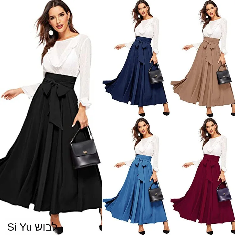 Elegant High Waist Women's Skirt Autumn Cross-Border Fashion Front-Belted Pleated Long Skirt Business Casual Style A-Line Dress