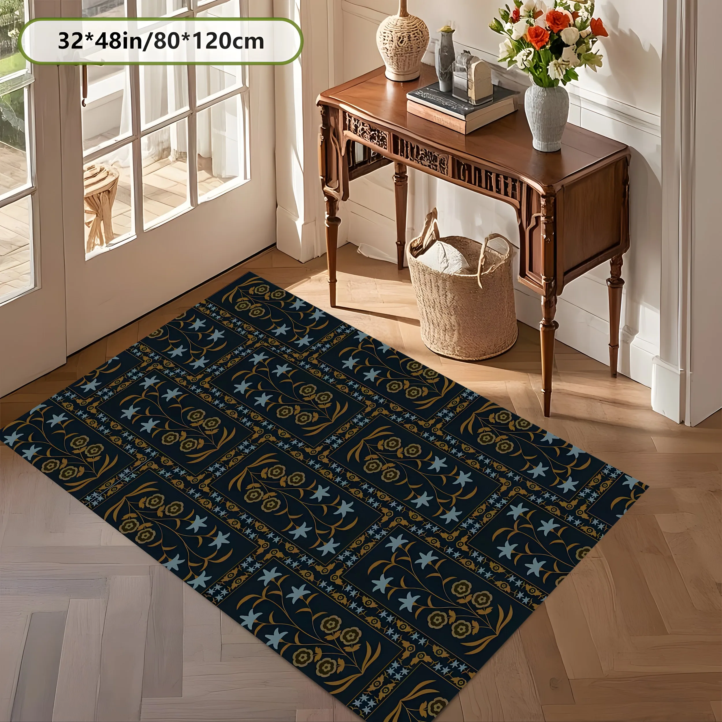 2D Large Carpet Dark Gold Scroll Starburst Retro Luxurious Style for Living Room Bedroom