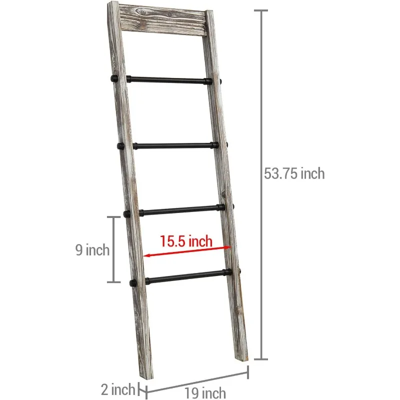 Blanket Ladder Wooden, Blanket Quilt Holder Rack Decorative Ladder with Metal Pipe Rungs, Easy Assembly