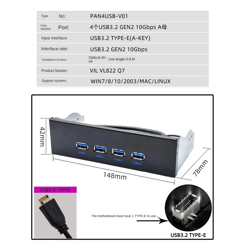 1 Pcs Optical Drive Panel 4X USB3.2 GEN2 3.5-Inch 5.25-Inch HUB 19PIN To C-Port Forward Reverse Plug