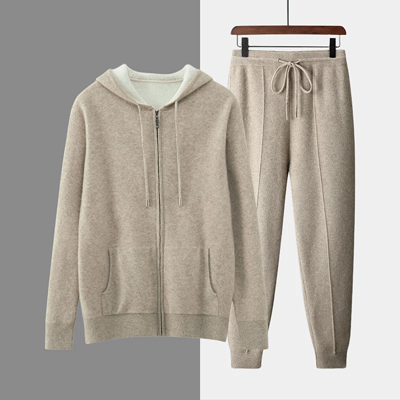 Men 100% Merino Wool Sweater & Trousers Set Autumn Winter Thick Warm Zipper Cardigan Hooded Jacket & Jogger Pants Man Wool Set