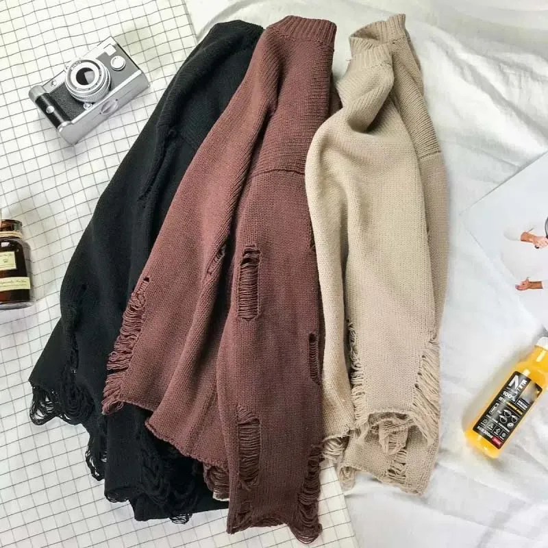 Ripped Loose Sweater Knitted Pullover Cutout Beggar Crew Neck Long Sleeves Trend Korean Style Can Be Worn By Men and Women Punk