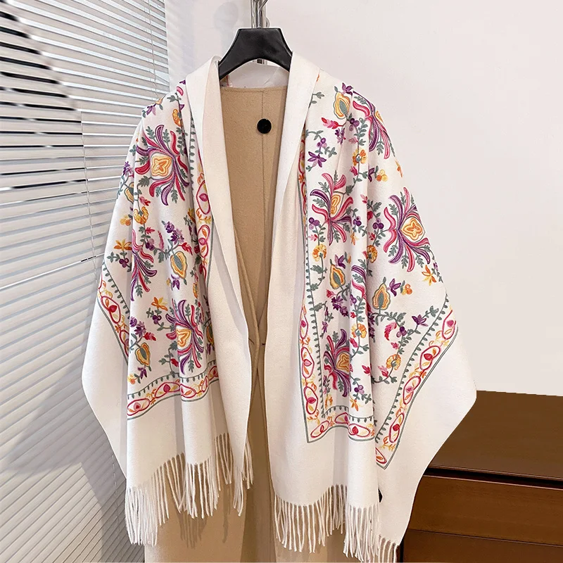 

Luxury High Quality Embroidery Scarf Elegant Women Winter Thick Warm Neck Pashmina Long Fringe Scarves Lady Blanket Soft Shawl