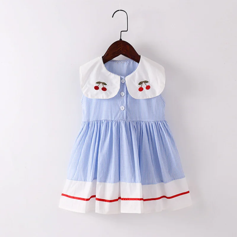 New Girls' Turn-Down Collar Striped Dress, Sleeveless Vest Dress for Young Girls, Refreshing Summer Dress for Girls
