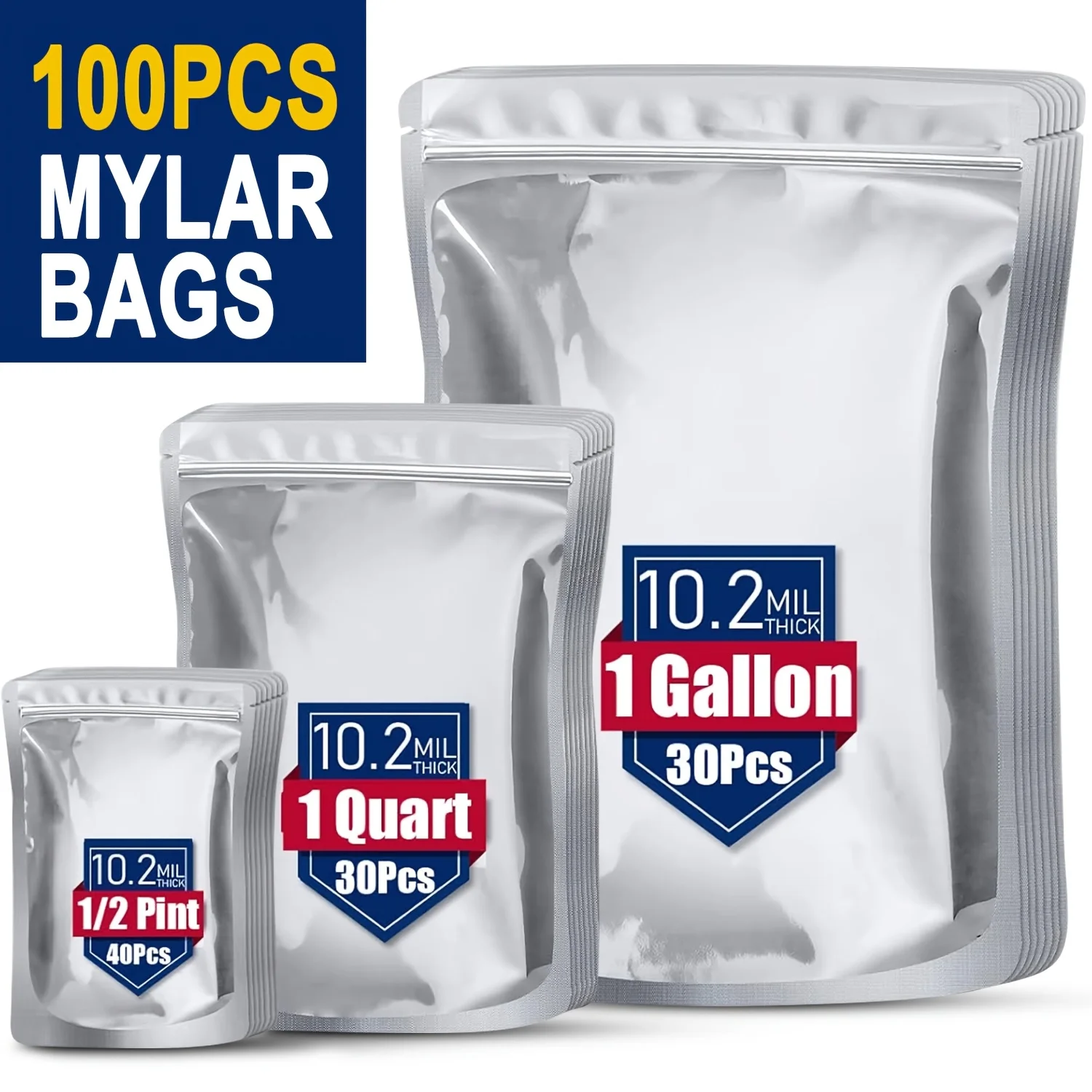 

100 Pack 10.2 Mil Mylar Bags for Food Storage - 10"*14"/ 7"* 10"/ 5"*7" Resealable Zipper Mylar Bag for Long Term Food Storage
