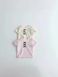 Lato New Baby Girl t-shirty z krótkim rękawem bawełna dla dzieci małe dzieci wygodne bluzki na co dzień moda dziecięca urocza kokarda wszechstronne koszulki