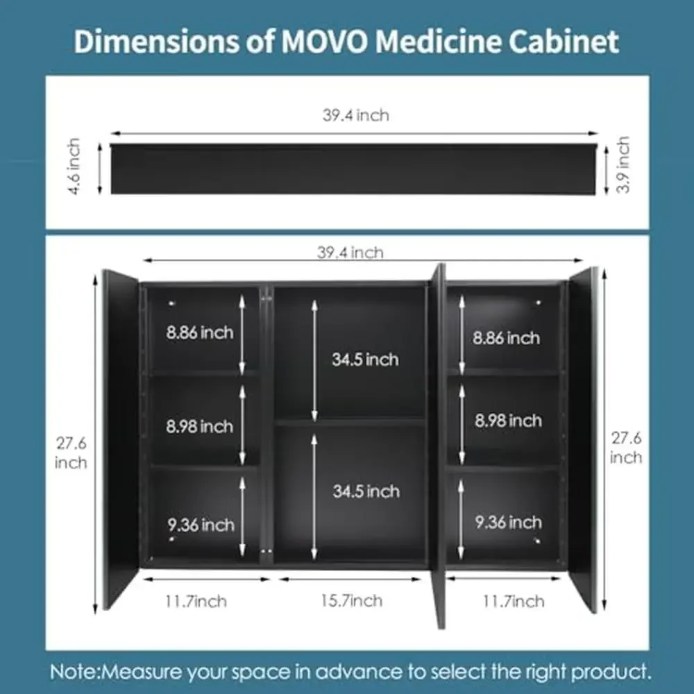 Modern 3-Door Black Mirror Cabinet 40x28" Wall Mount Bathroom Medicine Storage Shelf