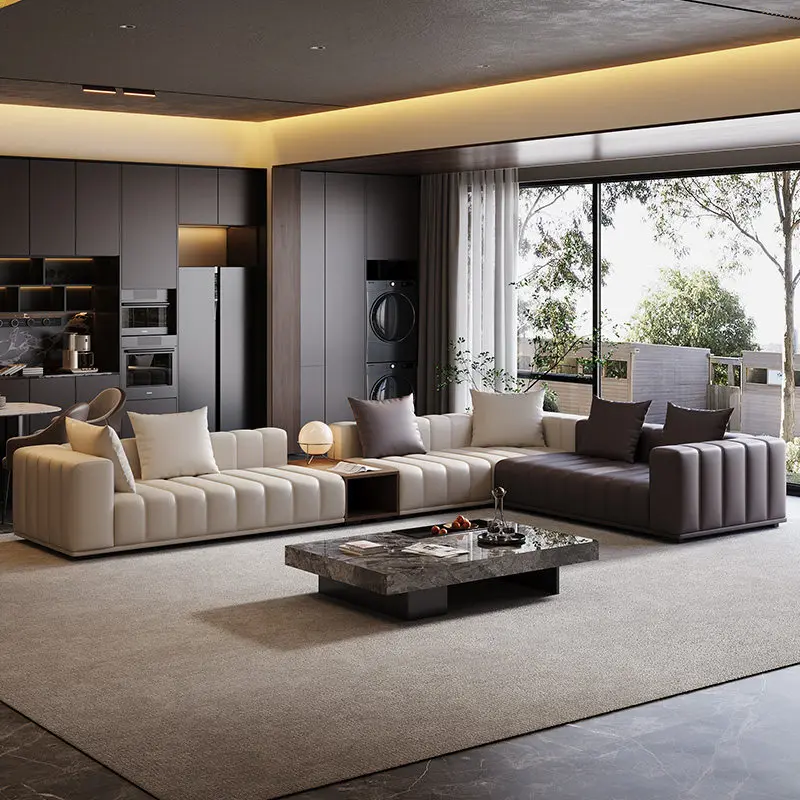 

Italian light luxury piano keys leather sofa first layer cowhide living room villa large flat corner sofa cat scratch skin