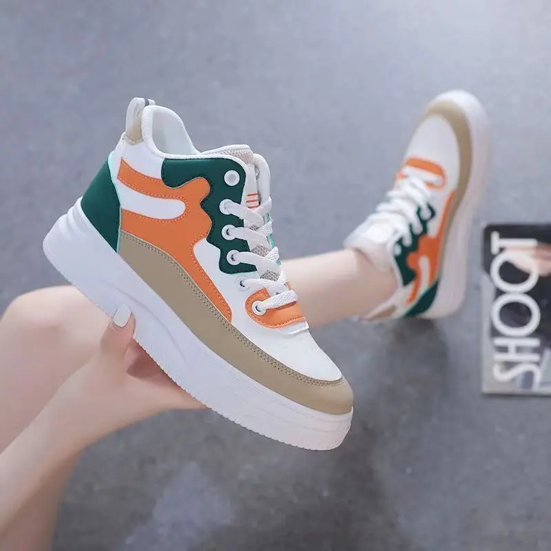 Fashionable color blocking high top sports shoes for women 2024 new comfortable thick sole single shoes for women's shoes image 3