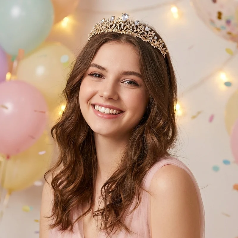 Elegant Gold Leaf Princess Crown Teardrop Crystal Tiara for Girls Flower Girl Headband Wedding Hair Accessories Birthday Party image 2