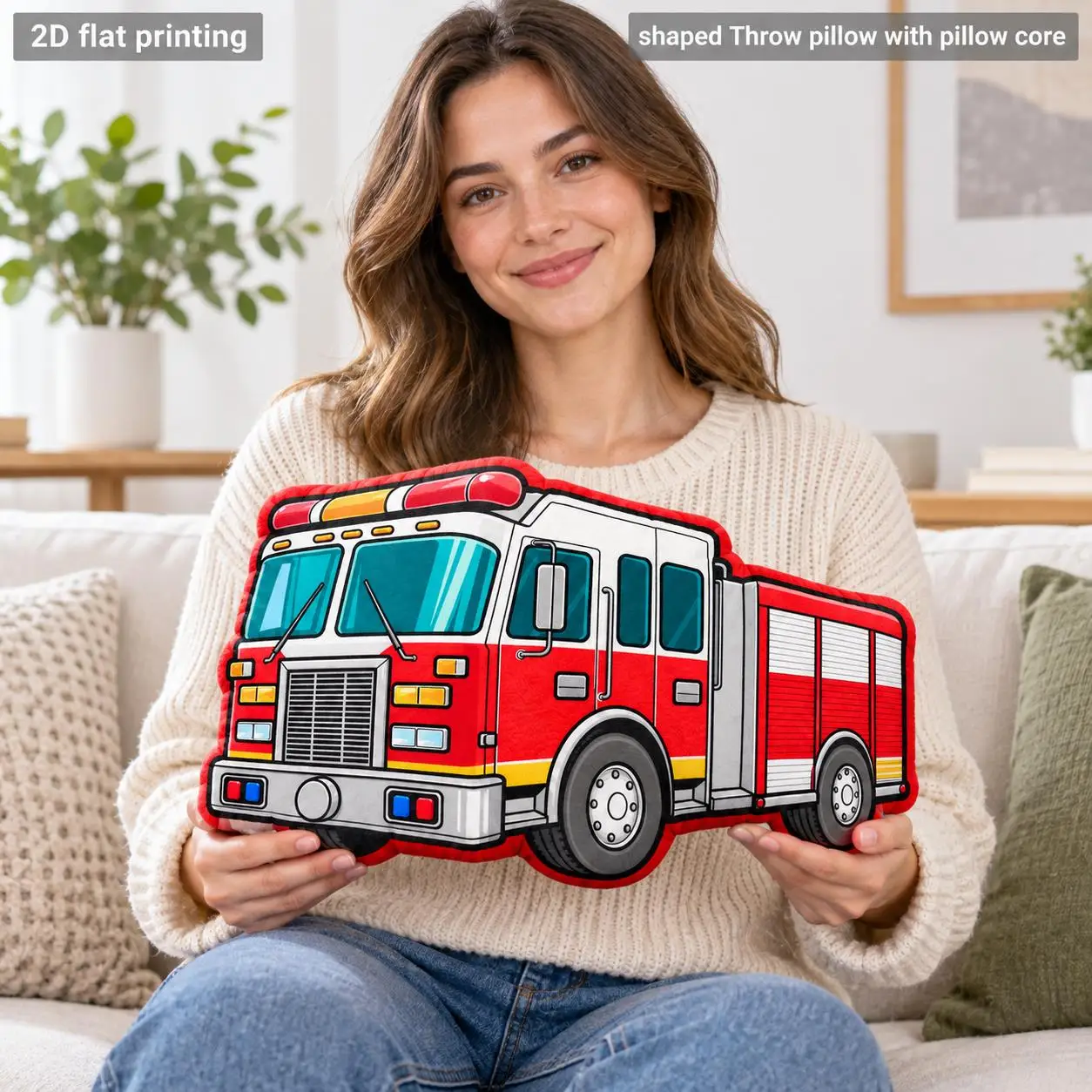 Fire Truck Shaped Throw Pillow with Pillow Core Polyester Two Sided Print Decorative Cushion for Sofa Bedroom