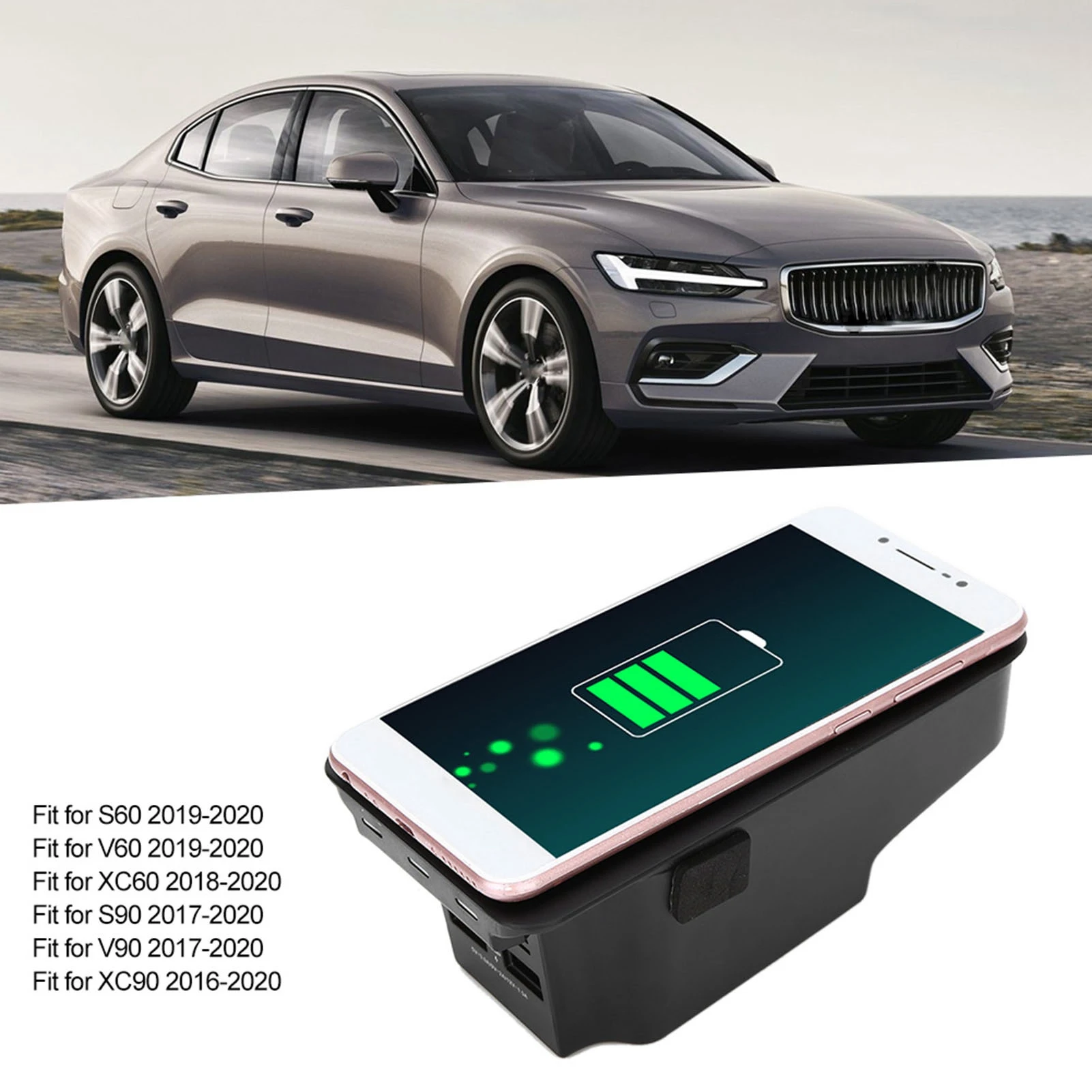 

1PC 15W Wireless Charger Car Charging Plate Plug Play Fit for Volvo XC60/S90/V90/XC90 Fast Charging with Detection