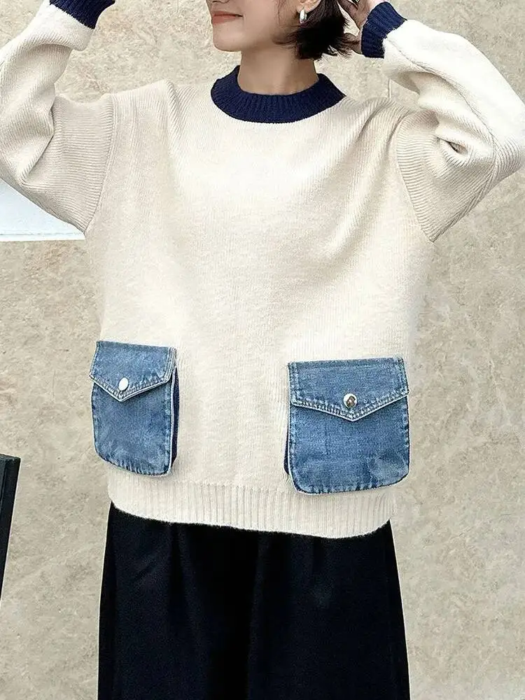 

Apricot Denim Pocket Big Size Sweater Round Neck Long Sleeve Women Pullovers New Fashion Spring Autumn