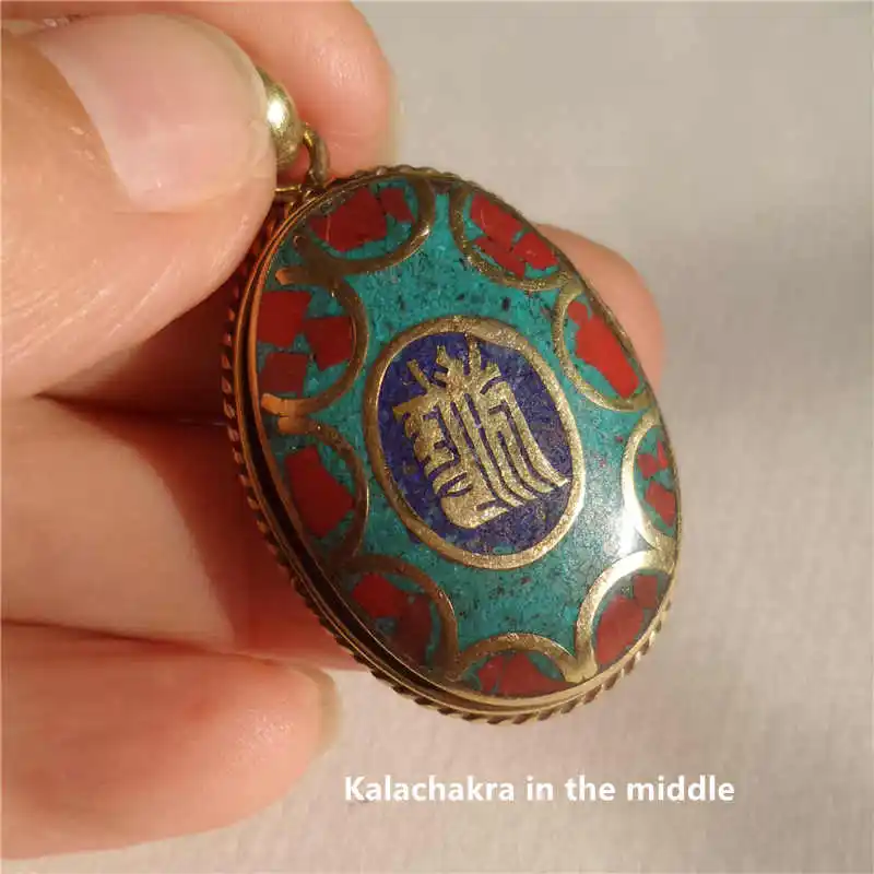 TBP326 Tibetan Amulet Charms OM Kalachakra Brass Inlay Colorful Stone