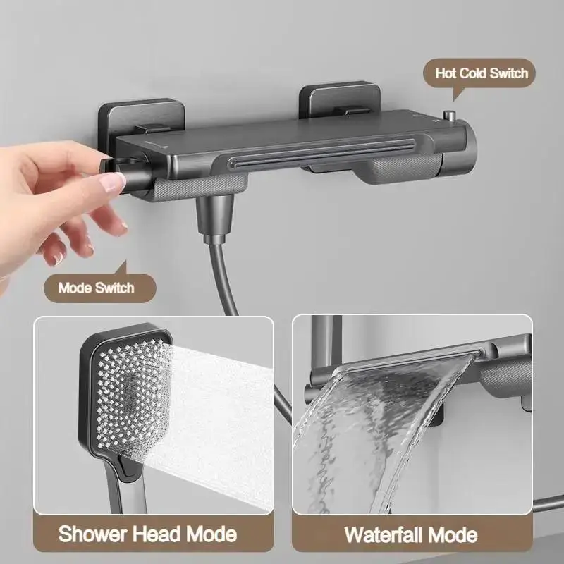 Robinet de baignoire cascade gris, ensemble de douche, salle de bains domestique, mitigeur mural en laiton chaud et froid, pomme de douche de bain