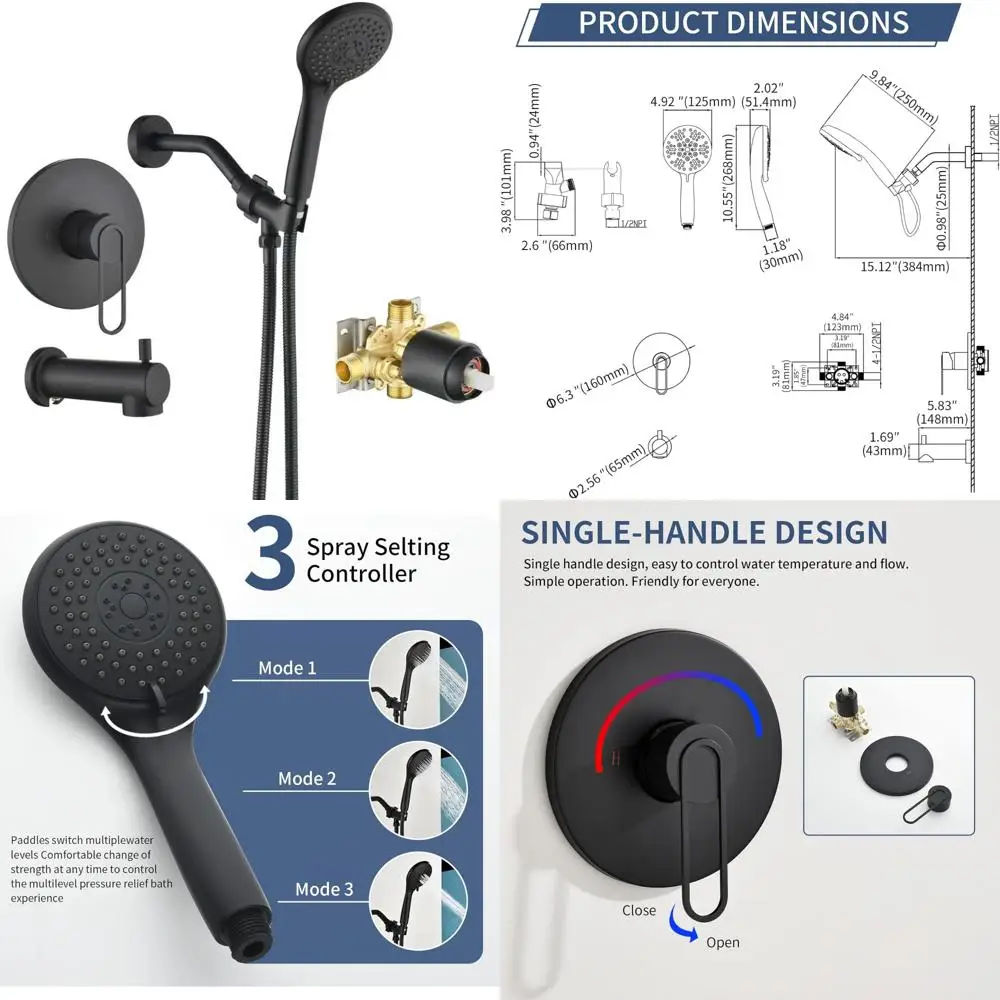 

Matte Black Shower Faucet Set with Tub Spout, Combo Bathroom Shower Head Kit, Bathtub Faucet with 3 Sets, Modern Shower System f