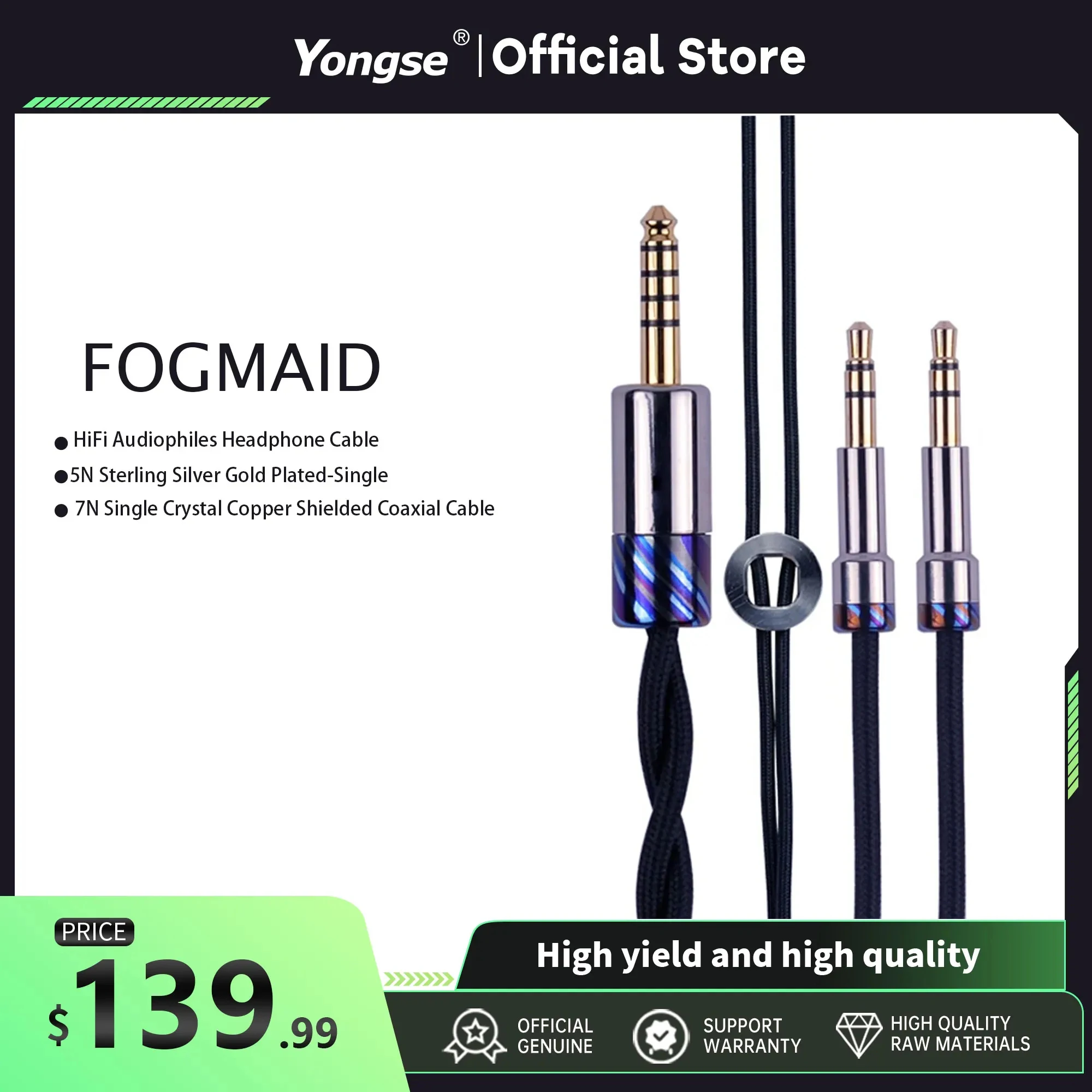 YONGSE Fogmaid HiFi Audiophiles Balanced Headphone Upgrade Cable 2Strand Braided Coaxial Structure 5N Sterling Silver GoldPlated