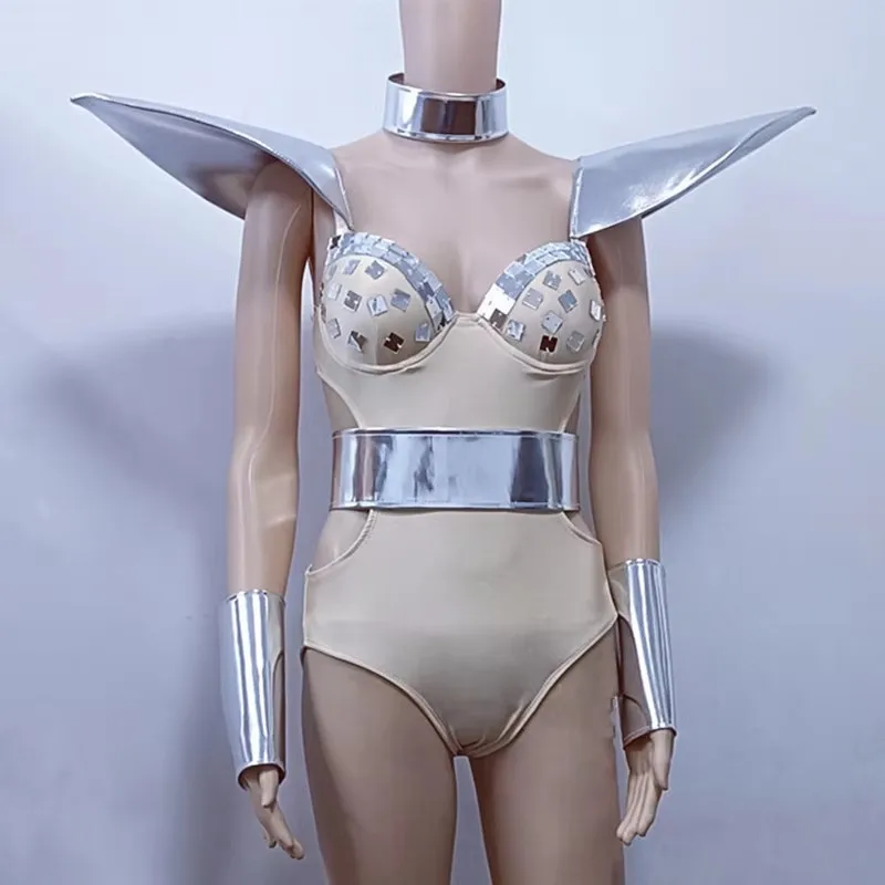 Damski seksowny srebrny body z efektem lustra, odkryte ramiona, strój sceniczny, trykot, kostium na imprezę do klubu nocnego, baru, dla DJ-a, tancerki gogo, na pokaz.